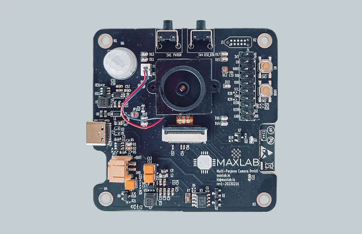 Tokay Lite camera board, top side: ESP32-S3, OV2640 camera module, passive-IR motion sensor and USB-C
